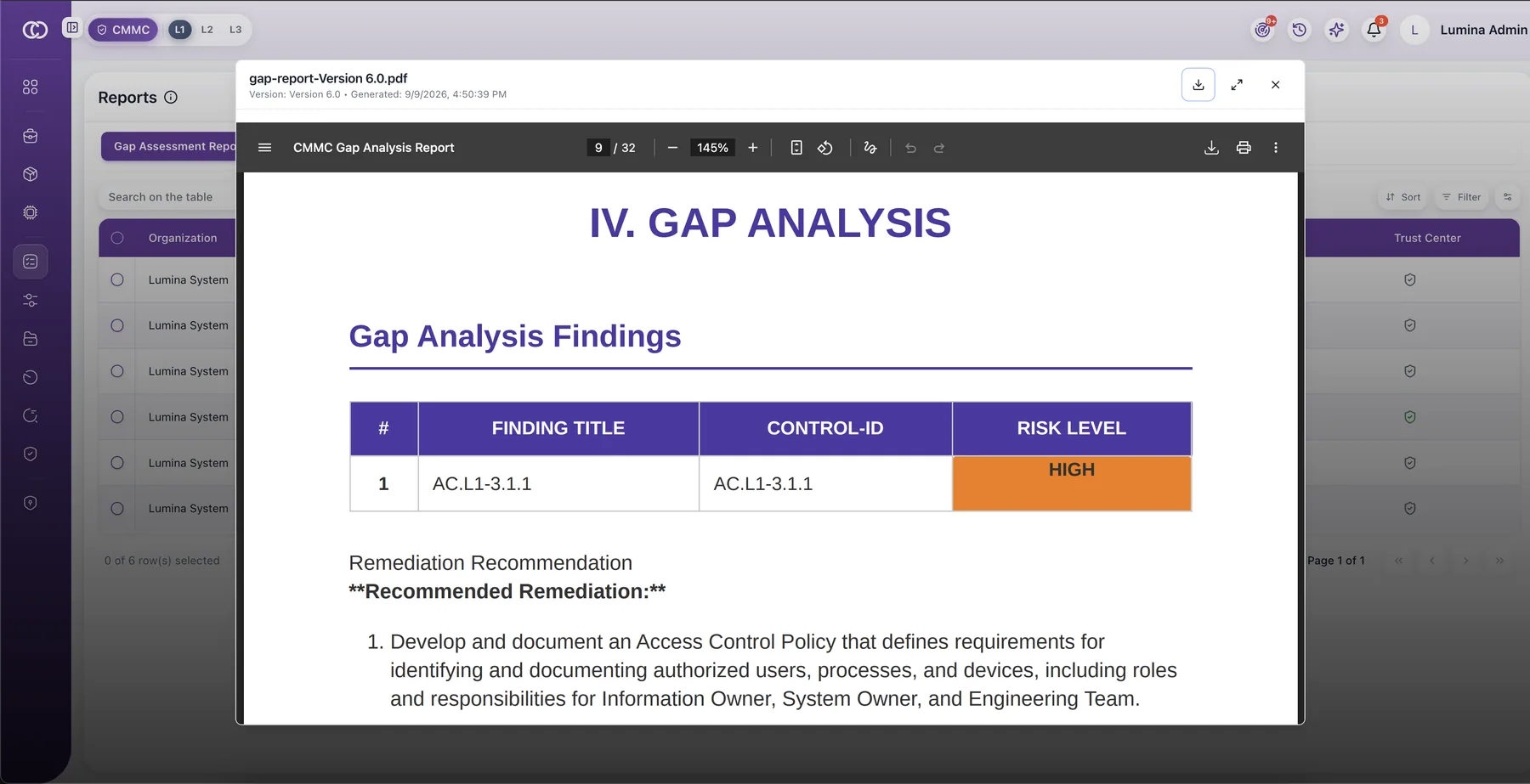 ComplianceONE gap assessment report grading readiness across controls