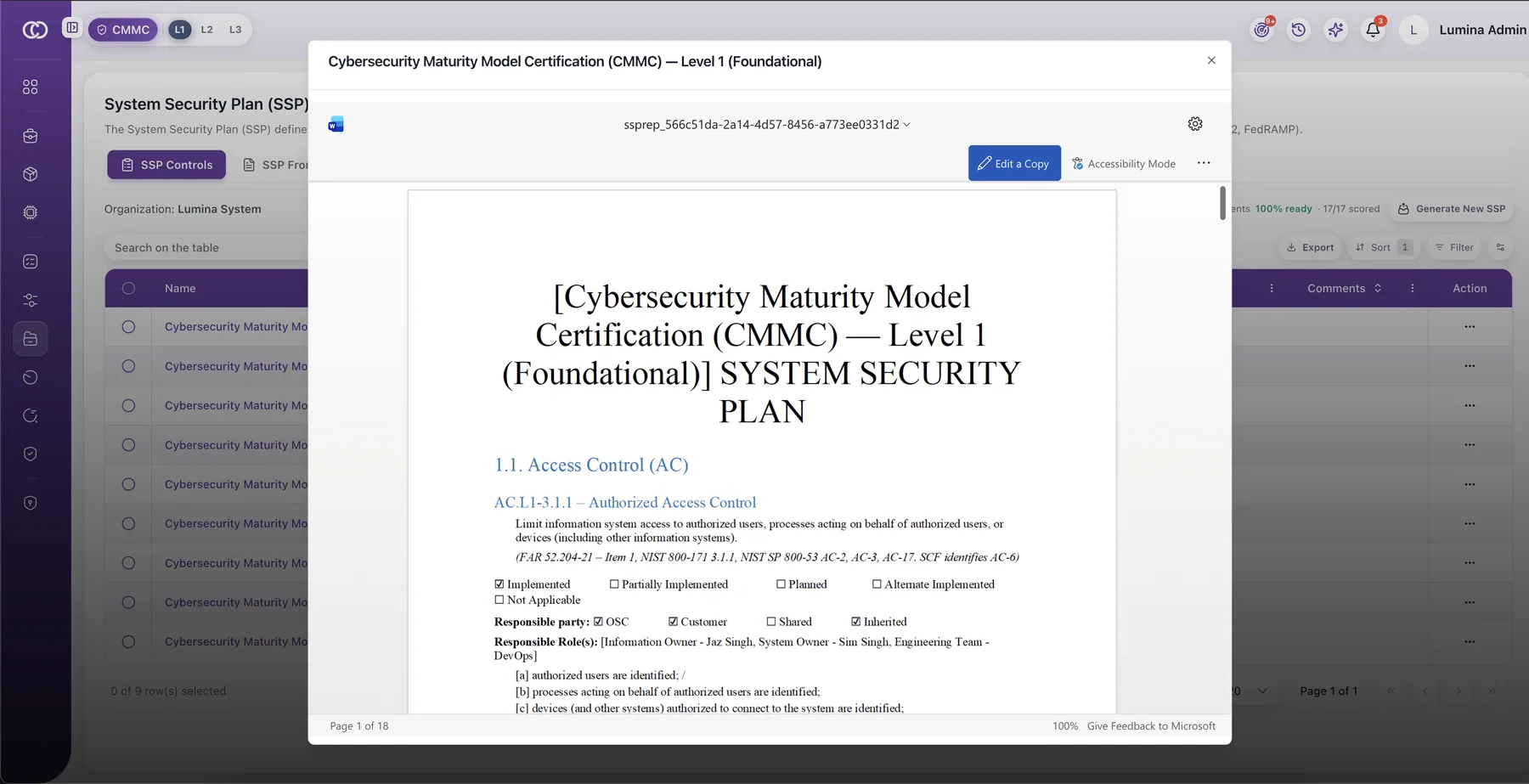 ComplianceONE System Security Plan generated as an audit-ready document